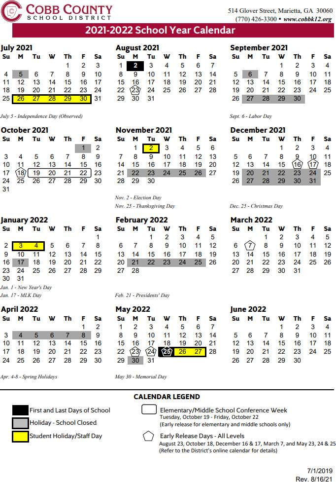Cobb County School Calendar 20212022