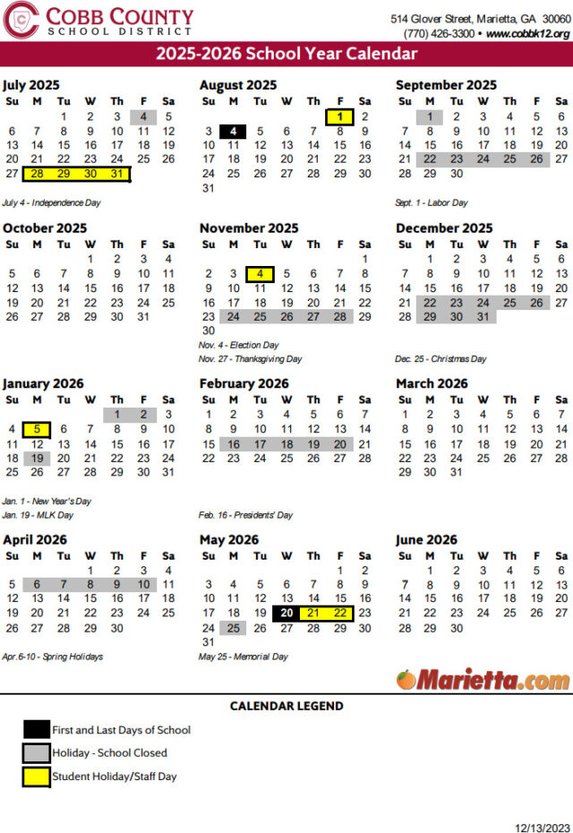 Cobb County School Calendar 2025 2026 Marietta