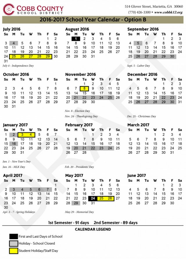 Cobb County School Calendar 20162017